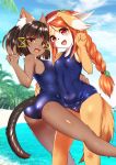  2018 beach blush breasts brown_fur canine clothing duo feline female fur hair hug inner_ear_fluff kimuchitei looking_at_viewer mammal navel open_mouth outside pointing red_eyes red_hair seaside sunny swimsuit white_fur yellow_eyes 