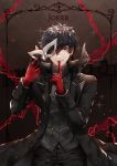  amamiya_ren black_cape black_hair black_jacket black_pants brown_eyes cape card_(medium) chain cowboy_shot gloves holding holding_mask index_finger_raised jacket looking_at_viewer mask pants parted_lips persona persona_5 red_gloves short_hair smile solo standing wani_(fadgrith) 
