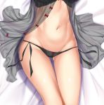  aldehyde ass_visible_through_thighs babydoll bed_sheet black_panties bow dakimakura groin highres imoko_(neeko's_sister) lower_body lying navel on_back original panties side-tie_panties solo stomach thigh_gap thighs underwear underwear_only 