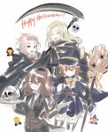  blonde_hair braid brown_hair dress elbow_gloves formal gloves h'aanit_(octopath_traveler) hair_bobbles hair_ornament halloween hat holding holding_scythe holding_weapon jewelry long_hair looking_at_viewer multiple_girls necklace octopath_traveler open_mouth ophilia_(octopath_traveler) ponytail primrose_azelhart red_eyes scythe short_hair skull smile suit tressa_(octopath_traveler) vampire weapon witch 