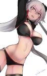  arm_up artist_name ass_visible_through_thighs bikini black_bikini black_legwear breasts cleavage cowboy_shot eyebrows_visible_through_hair fate/grand_order fate_(series) floating_hair groin hair_between_eyes highres jeanne_d'arc_(alter_swimsuit_berserker) jeanne_d'arc_(fate)_(all) kojima_(blue_stardust) large_breasts long_hair looking_at_viewer navel o-ring o-ring_bikini open_mouth silver_hair simple_background slit_pupils solo standing swimsuit thighhighs twintails underboob very_long_hair white_background yellow_eyes 