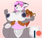  2018 anthro areola backsash big_breasts blush breasts canine chipmunk clothed clothing dickgirl digital_media_(artwork) duo english_text fur hair huge_breasts intersex male mammal nipples rodent simple_background smile teeth text 