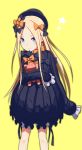  abigail_williams_(fate/grand_order) absurdres bangs black_bow black_dress black_hat blonde_hair bloomers blue_eyes bow bug butterfly closed_mouth commentary_request dress fate/grand_order fate_(series) forehead hair_bow hat highres insect long_hair long_sleeves looking_at_viewer object_hug orange_bow parted_bangs polka_dot polka_dot_bow sanbe_futoshi simple_background sleeves_past_fingers sleeves_past_wrists smile solo standing stuffed_animal stuffed_toy teddy_bear underwear very_long_hair white_bloomers yellow_background 