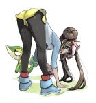  :d ass bent_over blue_eyes blush brown_hair commentary double_bun fang full_body gigiedt hair_bun half-closed_eyes legs long_hair looking_away low_twintails mei_(pokemon) open_mouth pantyhose pantyhose_under_shorts poke_ball pokemon pokemon_(creature) pokemon_(game) pokemon_bw2 shirt shorts simple_background smile snivy solo sweatdrop twintails visor_cap white_background yellow_shorts 