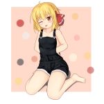  ;p ahoge alternate_costume bare_arms barefoot blonde_hair blush breasts collarbone full_body hair_ornament hair_ribbon hand_under_clothes head_tilt highres kaigara_(valibow) looking_at_viewer naked_overalls no_bra one_eye_closed orange_background orange_eyes outside_border overalls red_ribbon ribbon rumia shorts simple_background sitting small_breasts smile solo tongue tongue_out touhou two-tone_background wariza white_background 