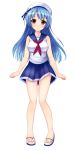  arms_at_sides blue_hair blue_skirt blush breasts brown_eyes full_body hat long_hair looking_at_viewer medium_breasts official_art patriarch_xtasy pricia_patini sailor_hat sandals school_uniform serafuku shirt skirt smile solo standing transparent_background very_long_hair white_hat white_shirt 