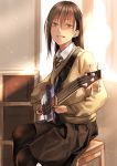  bass_guitar brown_hair brown_legwear brown_neckwear brown_skirt brown_sweater chair highres indoors instrument kilye_4421 long_hair looking_at_viewer music necktie pantyhose parted_lips playing_instrument sitting skirt solo striped striped_neckwear sweater window 