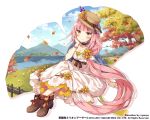  blue_cape blue_sky blush breasts brown_eyes brown_footwear brown_hat brown_ribbon cape cleavage company_name day dress flower grass hair_flower hair_ornament hat hat_flower hat_ribbon kai-ri-sei_million_arthur long_hair medium_breasts million_arthur_(series) mountain nyanya official_art outdoors pink_hair ribbon signpost sitting sky smile tree very_long_hair water watermark white_dress wristband 