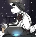  anthro beanie beverage biped black_eyebrows black_nose brooding clothed clothing coffee duckdraw eddie_(duckdraw) eyebrows eyewear fingerless_(marking) fingers fully_clothed fur glasses grey_ears grey_eyes hair hat headphones holding_beverage holding_object hoodie lagomorph listening_to_music long_ears looking_away male mammal outside pants rabbit short_hair short_tail side_view sitting snow solo sweater two_tone_ears white_ears white_fur white_hair white_tail 