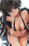  ass_visible_through_thighs bare_arms bare_shoulders bikini black_bikini black_hair black_jacket blue_eyes breasts closed_mouth collarbone commentary_request from_above front-tie_bikini front-tie_top genderswap genderswap_(mtf) hair_between_eyes halter_top halterneck highres houshin_engi jacket lens_flare looking_at_viewer medium_breasts micro_bikini mimoza_(96mimo414) navel short_hair side-tie_bikini simple_background solo stomach swimsuit taikoubou thigh_gap white_background 