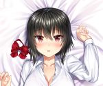  aldehyde bed_sheet black_hair blush bow bowtie bowtie_removed breasts cleavage close-up collarbone dakimakura eyebrows_visible_through_hair eyes_visible_through_hair hair_between_eyes hand_up highres imoko_(neeko's_sister) large_breasts looking_at_viewer lying on_back original parted_lips red_eyes red_neckwear shirt short_hair solo upper_body white_shirt 