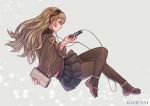  artist_name black_hairband black_legwear black_skirt brown_eyes brown_hair brown_jacket casual cellphone crossed_legs earphones error female_my_unit_(fire_emblem_if) fire_emblem fire_emblem_if floating_hair from_side grey_background hairband holding holding_phone jacket kaejunni long_hair miniskirt my_unit_(fire_emblem_if) pantyhose phone pleated_skirt simple_background skirt smartphone solo 