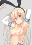  absurdres anchor_hair_ornament armpits blonde_hair breasts commentary_request elbow_gloves eyebrows_visible_through_hair gloves grey_background hair_between_eyes hair_ornament highres kantai_collection long_hair looking_at_viewer medium_breasts nipples nude shimakaze_(kantai_collection) simple_background solo tokito_yu white_gloves 