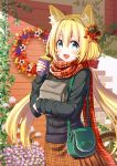  :d animal_ear_fluff animal_ears autumn bag bangs black_sweater blonde_hair blush bow brown_skirt cat_ears coconat_summer commentary fang flower flower_wreath food green_eyes hair_bow hair_intakes hair_ornament highres holding holding_food leaf_hair_ornament long_hair long_sleeves looking_at_viewer open_mouth original paper_bag plaid plaid_scarf plaid_skirt plant red_bow red_scarf scarf ship's_wheel shoulder_bag skirt smile solo sweater sweet_potato twintails vines yakiimo 