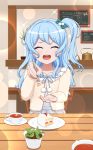  ^_^ absurdres aqua_bow bang_dream! bangs blue_hair blush bow cafe chalkboard closed_eyes commentary_request cup cupping_hand facing_viewer feeding food fork furou hair_bow highres holding holding_fork incoming_food indoors jacket kettle light_blue_hair long_hair long_sleeves matsubara_kanon menu_board one_side_up open_mouth plate pom_pom_(clothes) pov_across_table pov_feeding saucer solo sparkle strawberry_shortcake teacup white_jacket 