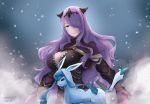  armor black_armor breasts camilla_(fire_emblem_if) cleavage closed_mouth commentary_request dated fire_emblem fire_emblem_if gen_4_pokemon glaceon gloves hair_over_one_eye large_breasts long_hair pokemon pokemon_(creature) purple_eyes purple_gloves purple_hair robaco smile solo tiara twitter_username upper_body 