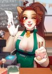  &lt;3 2019 anthro apron barista beverage breasts canid canine canis cleavage clothed clothing coffee dog english_text female food hi_res lexie looking_at_viewer mammal one_eye_closed open_mouth open_smile smile solo text tongue waiter waitress_(artist) wink 