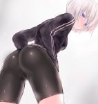  1girl ass bike_shorts blue_eyes blush female from_behind gradient gradient_background looking_back shiny short_hair solo uni96_(uknee96) white_hair 