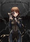  blunt_bangs bodysuit braid brown_hair card_(medium) chain corset covered_navel crown_braid gloves grey_gloves holding holding_mask index_finger_raised looking_at_viewer mask niijima_makoto persona persona_5 red_eyes short_hair signature wani_(fadgrith) 