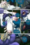  2018 anthro big_breasts black_nose black_skin blue_fur blue_skin blush breasts canine clothed clothing comic digimon digimon_(species) doumon english_text female female/female fur furball hair kunarremon mammal markings milk nipples open_mouth purple_skin pussy pussy_juice red_eyes renamon shocked side_boob smile speech_bubble straddling taomon text tongue tongue_out top vulpamon 