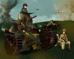  aircraft black_eyes black_hair breasts brown_eyes brown_hair caterpillar_tracks cloud commentary_request day grass ground_vehicle gun handgun imperial_japanese_army long_hair military military_vehicle motor_vehicle multiple_girls original pistol sachimirai sky tank type_95_ha-gou weapon 