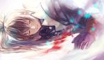  bleeding blood closed_eyes crying fire_emblem fire_emblem_if gloves injury lying on_side ponytail smile solo takumi_(fire_emblem_if) tears white_hair 