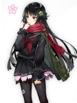  6688km bangs black_hair black_legwear black_sailor_collar black_serafuku black_shirt black_skirt coat eyebrows_visible_through_hair floating_hair flower girls_frontline green_coat green_flower hair_flower hair_ornament long_hair miniskirt neckerchief open_clothes open_coat pantyhose pleated_skirt red_eyes red_neckwear red_scarf sailor_collar scarf school_uniform serafuku shiny shiny_hair shirt simple_background skirt solo standing type_100_(girls_frontline) very_long_hair white_background 