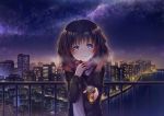  black_jacket blue_eyes blush brown_hair building can cityscape holding holding_can hot_chocolate jacket medium_hair naru_(kts5584) night night_sky original pink_scarf railing scarf sky skyscraper smile solo standing star_(sky) starry_sky 