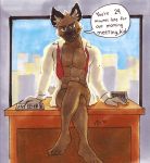  2018 aggressive_retsuko anthro bottomless canine clock clothed clothing desk english_text fur haida hyena looking_at_viewer male mammal nameplate necktie office open_shirt sitting solo text thebarabandit window 