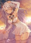  ;) alternate_costume arm_up armpits azur_lane bangs bare_shoulders blush breasts bridal_gauntlets bridal_veil choker cleavage cloud collarbone commentary_request cowboy_shot dress eyebrows_visible_through_hair flower garter_straps gloves groin hair_between_eyes hair_flower hair_ornament head_tilt headgear highres izumo_neru large_breasts long_hair looking_at_viewer mole mole_on_breast multicolored_hair one_eye_closed outdoors parted_lips prinz_eugen_(azur_lane) red_hair sapphire_(stone) see-through sidelocks silver_hair skindentation smile solo streaked_hair sunlight sunset swept_bangs thighs two_side_up v-shaped_eyebrows veil very_long_hair wading wedding_dress white_dress white_gloves 