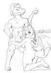  2018 4_toes abs acethebigbadwolf anon_(acethebigbadwolf) anthro balls braided_hair breasts butt canine claws digital_media_(artwork) female fire fox hair horn hybrid kneeling line_art male mammal muscular nipples orion penis smile toes wings wold 