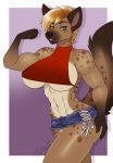  abs anthro big_breasts breasts clothing female flexing hiddenwolf huge_breasts hyena looking_at_viewer mammal muscular muscular_female nipple_bulge smile solo tight_clothing wide_hips 