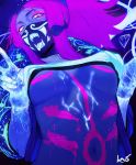  akali artist_name baseball_cap bodypaint breasts choker commentary cum cum_on_body eyeliner face_mask gloves glowing hat headset hews_hack idol inverted_colors k/da_(league_of_legends) k/da_akali large_breasts league_of_legends looking_down makeup mask navel neon ponytail purple_hair raver solo ultraviolet_light underboob yellow_eyes 