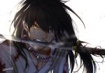  bead_necklace beads black_hair blood blood_on_face bloody_clothes blue_eyes fangs glint heterochromia highres inuyasha inuyasha_(character) jewelry katana long_hair looking_at_viewer motobi_(mtb_umk) mouth_hold necklace portrait robe slit_pupils solo sweat sword twitter_username weapon white_background yellow_eyes 