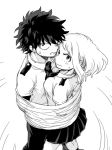  1girl angry boku_no_hero_academia bound_together freckles greyscale hk_(nt) looking_at_viewer messy_hair midoriya_izuku monochrome necktie pleated_skirt short_hair skirt sweatdrop u.a._school_uniform uraraka_ochako 