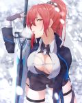  arctic_kriegsmesser bangs bent_over black_gloves black_shorts blush breasts breath cleavage cleavage_cutout cowboy_shot gloves hair_between_eyes hair_ornament highres honkai_impact jacket large_breasts long_hair looking_at_viewer mole mole_on_breast murata_himeko open_clothes open_jacket open_mouth orange_eyes partly_fingerless_gloves ponytail red_hair shorts snow snowing solo spikes sword the_key_k118o thigh_strap weapon 