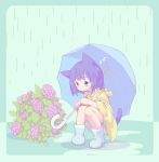  animal_ears blue_eyes blue_hair boots cat_ears cat_girl commentary flower holding holding_umbrella hydrangea original rain raincoat rubber_boots short_hair short_shorts shorts solo squatting sudumenooyado tail umbrella 