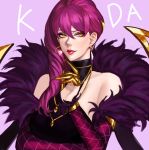  absurdres bare_shoulders breasts claws commentary earrings evelynn fur_trim hair_ornament half-closed_eyes highres jewelry k/da_(league_of_legends) k/da_evelynn league_of_legends lipstick makeup mascara necklace on_(isk1812) purple_hair red_lipstick sleeveless solo yellow_eyes 