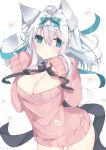  animal_ear_fluff animal_ears aqua_bow aqua_eyes aqua_ribbon ass_visible_through_thighs between_breasts black_bow black_ribbon blush bow breasts cat_ears cat_girl cat_tail chestnut_mouth cleavage commentary_request cowboy_shot dress eyebrows_visible_through_hair flower hair_between_eyes hair_braid hair_ribbon large_breasts leaning_forward long_hair long_sleeves looking_at_viewer naked_sweater original paw_pose pink_sweater ribbon satsuki_mayuri silver_hair simple_background sleeves_past_fingers sleeves_past_wrists solo sweater sweater_dress tail tail_ribbon white_background 