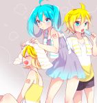  2girls ^_^ ahoge aqua_eyes aqua_hair arm_tattoo bare_shoulders blonde_hair blush closed_eyes collarbone dress drying drying_hair gradient_clothes hatsune_miku kagamine_len kagamine_rin kawahara_chisato looking_at_viewer multiple_girls number_tattoo o3o open_mouth puckered_lips shirt short_hair shorts shoulder_blades smile strap strapless strapless_dress striped_towel t-shirt tattoo towel towel_around_neck twintails vocaloid 