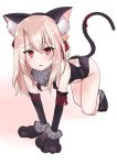  absurdres all_fours animal_ears ass bangs bare_shoulders bell black_gloves black_legwear black_leotard blush breasts cat_ears cat_tail elbow_gloves eyelashes fate/kaleid_liner_prisma_illya fate_(series) fur_collar gloves hair_between_eyes hair_ribbon highres hips illyasviel_von_einzbern jingle_bell leotard long_hair looking_at_viewer natsu_(sinker8c) open_mouth paw_gloves paw_shoes paws red_eyes red_ribbon ribbon shoes simple_background small_breasts solo tail thighhighs thighs white_background white_hair 