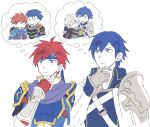  :3 =_= armor blue_eyes blue_hair cape cloak commentary eliwood_(fire_emblem) fire_emblem fire_emblem:_kakusei fire_emblem:_rekka_no_ken headband hector_(fire_emblem) krom male_focus male_my_unit_(fire_emblem:_kakusei) multiple_boys my_unit_(fire_emblem:_kakusei) noii pauldrons red_hair roy_(fire_emblem) simple_background super_smash_bros. super_smash_bros._ultimate thinking upper_body white_hair 