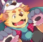  2017 anthro boar_stag144 canine cusith dog fur halloween hat holidays humanoid_hands male mammal scarf simple_background slightly_chubby solo tokyo_afterschool_summoners yellow_fur 