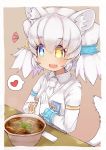  :d animal_ears blue_eyes bowl bracelet breast_pocket byakko_(kemono_friends) chopsticks commentary curry_udon extra_ears eyebrows_visible_through_hair eyes_visible_through_hair fang food gloves hair_between_eyes hair_ornament hands_together heart heterochromia highres jacket japari_symbol jewelry kemono_friends long_sleeves medium_hair necktie open_mouth pocket simple_background smile solo spoken_heart steam tail teranekosu tiger_ears twintails udon white_gloves white_jacket white_neckwear yellow_eyes 