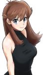  1girl bangs bare_shoulders black_dress blue_(pokemon) blue_(pokemon_rgby) blue_eyes blush breasts brown_hair closed_mouth creatures_(company) dress eyebrows_visible_through_hair game_freak happy long_hair looking_at_viewer medium_breasts nakaba nintendo pokemon pokemon_(game) pokemon_rgby simple_background sleeveless sleeveless_dress smile white_background 