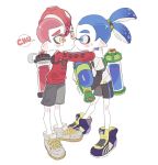  blue_eyes blue_hair blush_stickers cheek_kiss closed_mouth hug inkling kiss long_sleeves male_focus mohawk multiple_boys noii octoling red_hair shoes shorts simple_background sneakers splatoon_(series) splatoon_2 super_smash_bros. super_smash_bros._ultimate tearing_up tentacle_hair thick_eyebrows yaoi yellow_eyes 
