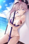  arm_garter arm_under_breasts asymmetrical_hair bangs beach between_breasts between_legs bikini blue_bikini blue_eyes blush bracelet breasts cleavage cloud cowboy_shot crescent dutch_angle earrings fate/grand_order fate_(series) folded_ponytail frills from_side groin hair_between_eyes hair_ornament hand_up highres hips holding holding_sheath holding_sword holding_weapon horizon jewelry kanpyou_(hghgkenfany) katana leaf_earrings looking_at_viewer lowleg lowleg_bikini medium_breasts messy_hair miyamoto_musashi_(fate/grand_order) ocean outdoors pale_skin parted_bangs parted_lips ponytail sheath sheathed side-tie_bikini sideboob silver_hair sky solo standing string_bikini swimsuit sword weapon 