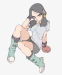  black_hair black_legwear blue_eyes boots boxing_gloves dragon_ball dragon_ball_z expressionless eyebrows_visible_through_hair frown full_body gong_(mgong520) grey_background hand_in_hair hand_rest highres leggings serious shirt simple_background sitting socks solo thighs twintails videl white_shirt 
