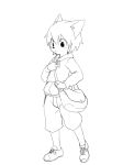  2014 4:3 anthro bag clothed clothing cub digital_media_(artwork) feline fully_clothed jacket line_art looking_down male mammal manmosu_marimo monochrome shorts shota_feline_(marimo) simple_background solo standing white_background young 