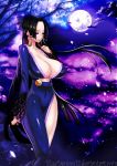  1girl black_hair blue_eyes bluedemon13 boa_hancock breasts cleavage covered_navel earrings female full_moon huge_breasts jewelry long_hair long_sleeves moon one_piece potential_duplicate self_upload snake_earrings solo tree very_long_hair watermark web_address 